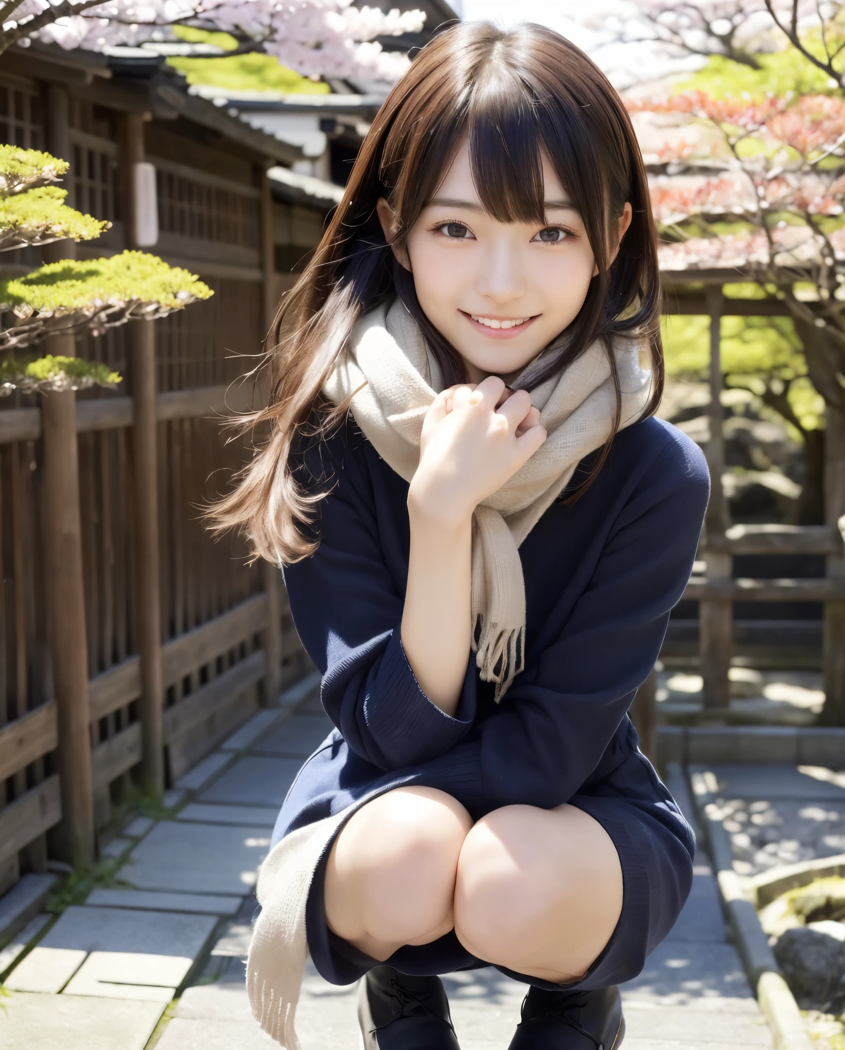 anatomically correct,Masterpiece of,High image quality,((Japan hair)),((natural smile)),((hair is blowing in the wind)),super detail、High quality textures、intricate details、detailed、非常detailedなCG、High quality shadows、Detail beautiful delicate face、Detail beautiful delicate eyes、Depth of the bounds written、Ray tracing,1 girl, japanese girl, cute type, slender,squat、Woman in a scarf, Dress like a college girl、japanese girl, Japan Women Fashion Models, Beautiful young Japan woman, gorgeous young japanese woman, beautiful japanese woman, japanese girl, real life anime girl, Beautiful japanese girl, japanese model, 美しいjapanese girlの顔, young asian girl