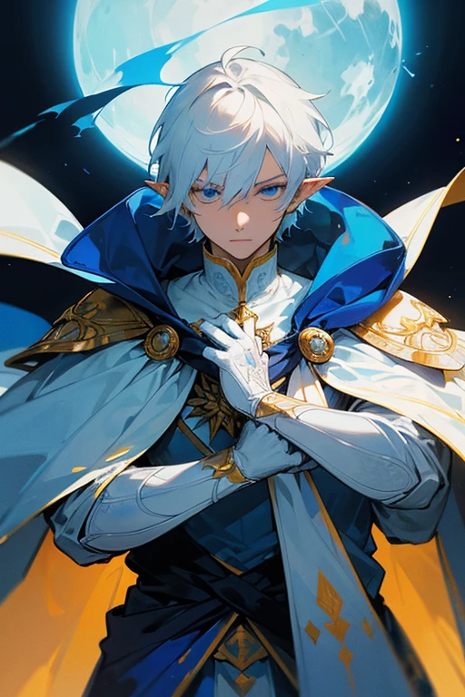 ultra-detailed, pointy ears, white hair, blue eyes, short hair, wears silver armor on his chest, on his sleeves he wears a white fabric up to his hands, on his back he wears a blue cape with gold adornments, the cape covers the armor on his shoulders, holding a bow with white colors and blue decorations in his hands, the cloth IS the moon, a face, ethereal lighting, mystical atmosphere, vibrant colors