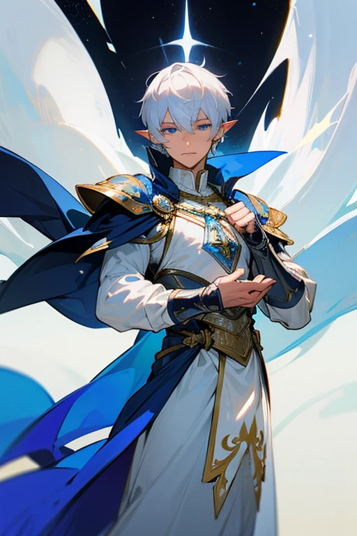 ultra-detailed, pointy ears, white hair, blue eyes, short hair, wears silver armor on his chest, on his sleeves he wears a white fabric up to his hands, on his back he wears a blue cape with gold adornments, the cape covers the armor on his shoulders, holding a bow with white colors and blue decorations in his hands, the cloth IS the moon, a face, ethereal lighting, mystical atmosphere, vibrant colors