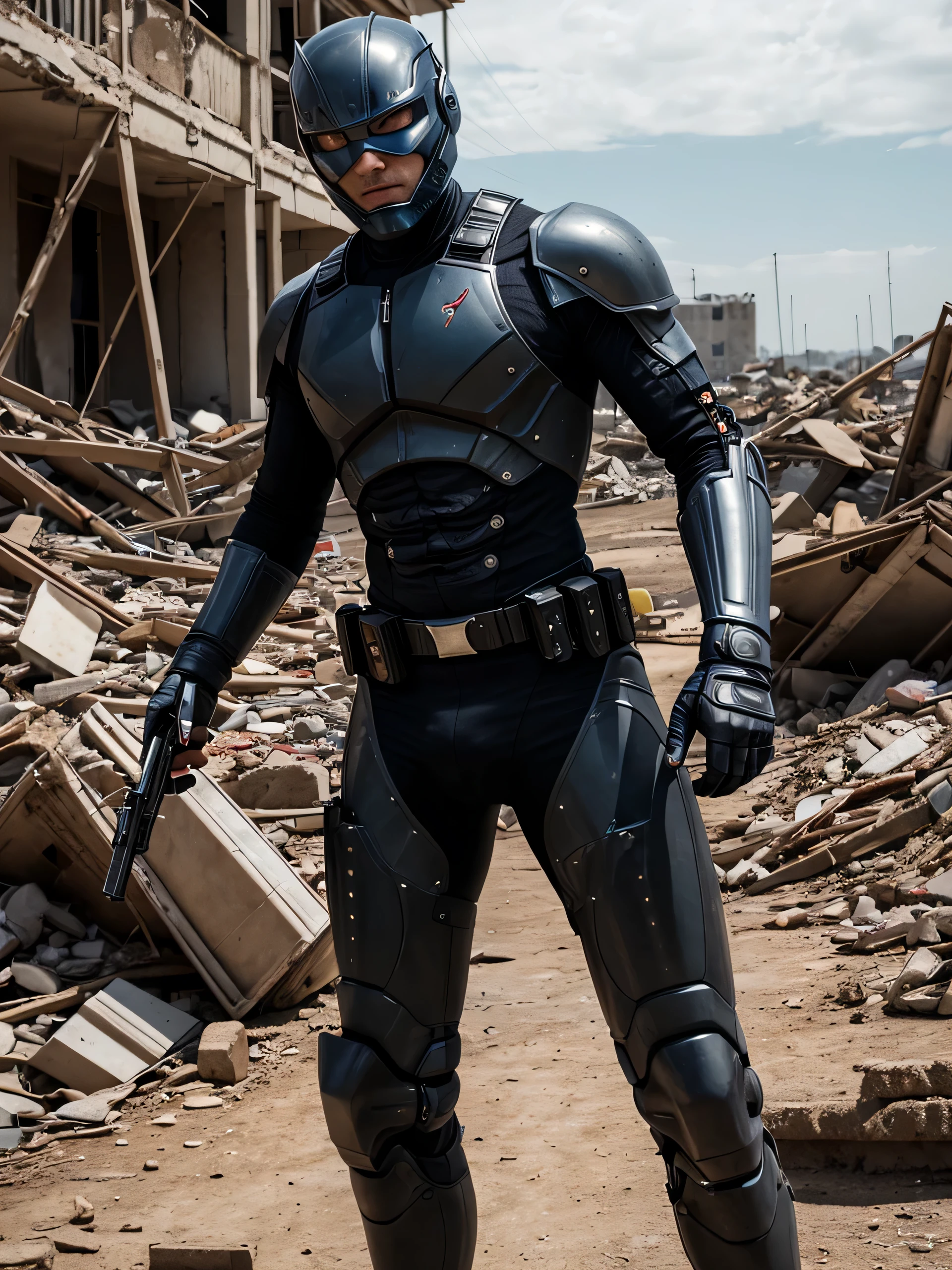 cyborg robocop mechanic, com arma, Corpo todo, em ruinas, on the film poster