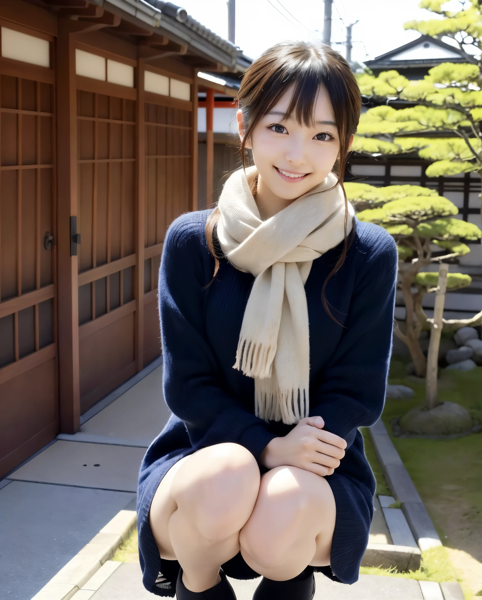 anatomically correct,Masterpiece of,High image quality,((Japan hair)),((natural smile)),((hair is blowing in the wind)),super detail、High quality textures、intricate details、detailed、非常detailedなCG、High quality shadows、Detail beautiful delicate face、Detail beautiful delicate eyes、Depth of the bounds written、Ray tracing,1 girl, japanese girl, cute type, slender,squat、Woman in a scarf, Dress like a college girl、japanese girl, Japan Women Fashion Models, Beautiful young Japan woman, gorgeous young japanese woman, beautiful japanese woman, japanese girl, real life anime girl, Beautiful japanese girl, japanese model, 美しいjapanese girlの顔, young asian girl