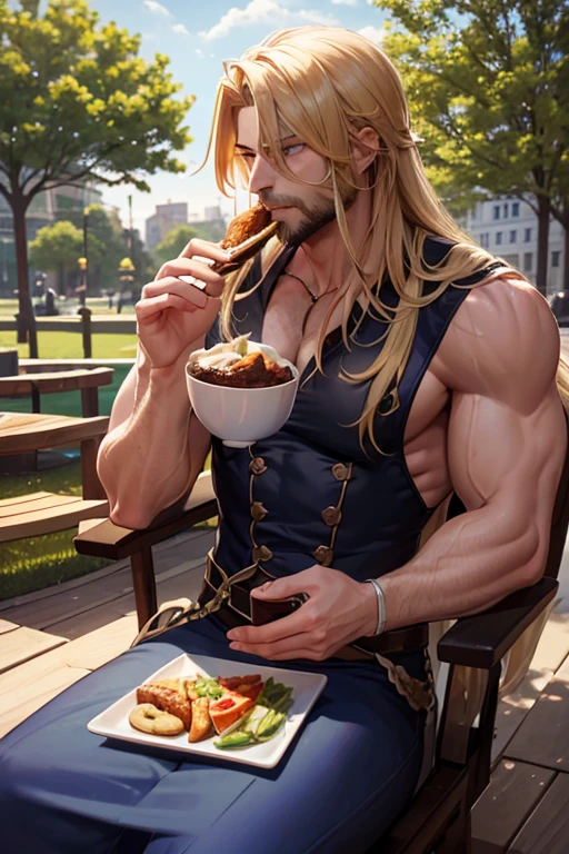 A muscular blonde haired man with blue eyes with long hair and a dark beard in a pair of shorts is eating a burger at the beach