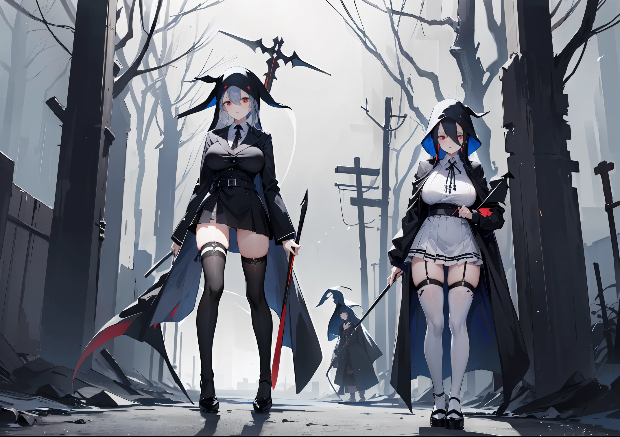 4k, masterpiece, High resolution, (big breasts)、curvy、((Shinigami thigh high socks))、((sacred place))、(standing in centre)、(sister)、(((Grim reaper behind)))