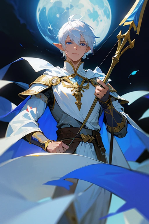 ultra-detailed, pointy ears, white hair, blue eyes, short hair, wears silver armor on his chest, on his sleeves he wears a white fabric up to his hands, on his back he wears a blue cape with gold adornments, the cape covers the armor on his shoulders, holding a white colored bow and arrow in his hands, the cloth is the moon, a face, ethereal lighting, mystical atmosphere, vibrant colors