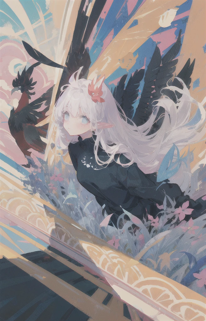 STYLE: kids illustration | SUBJECT: a playful prized black Rooster | AESTHETIC: super kawaii, bold outlines | COLOR PALETTE: pastel | IN THE STYLE OF: Sanrio