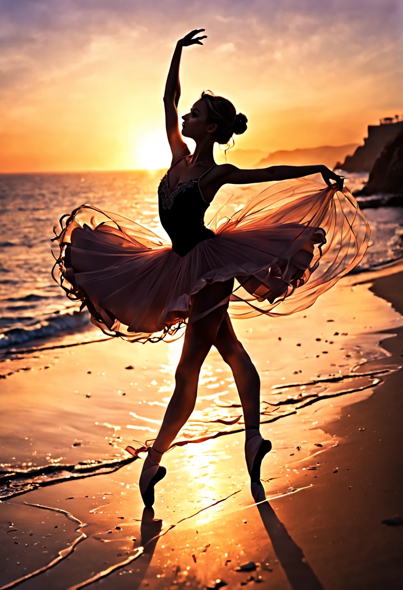 Photorealistic Images prompt structure: A detailed silhouette of a ballerina in mid-twirl, captured against the backdrop of a (((sunset))) over the ocean, Type of Image: silhouette photography, Art Inspirations: high-fashion photography, Camera: short telephoto lens, Shot: medium shot, Render Related Information: the silhouette should be highly detailed with a focus on the gracefulness of the pose, ambient light should be used to create a soft outline around the silhouette, resolution should be 8K to capture the subtleties of the scene.