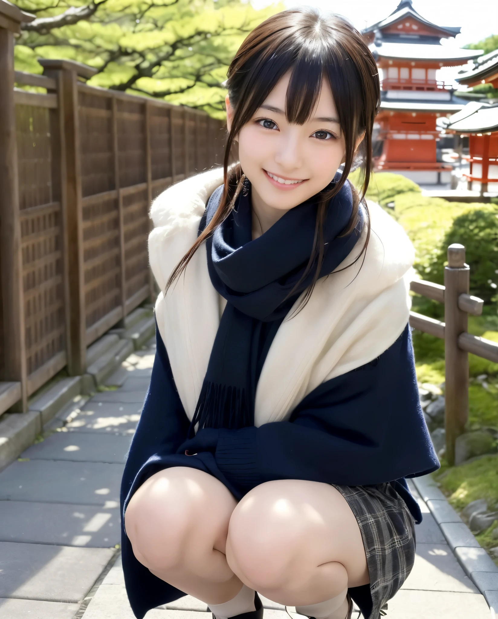 anatomically correct,Masterpiece of,High image quality,((Japan hair)),((natural smile)),((hair is blowing in the wind)),super detail、High quality textures、intricate details、detailed、非常detailedなCG、High quality shadows、Detail beautiful delicate face、Detail beautiful delicate eyes、Depth of the bounds written、Ray tracing,1 girl, japanese girl, cute type, slender,squat、Woman in a scarf, Dress like a college girl、japanese girl, Japan Women Fashion Models, Beautiful young Japan woman, gorgeous young japanese woman, beautiful japanese woman, japanese girl, real life anime girl, Beautiful japanese girl, japanese model, 美しいjapanese girlの顔, young asian girl