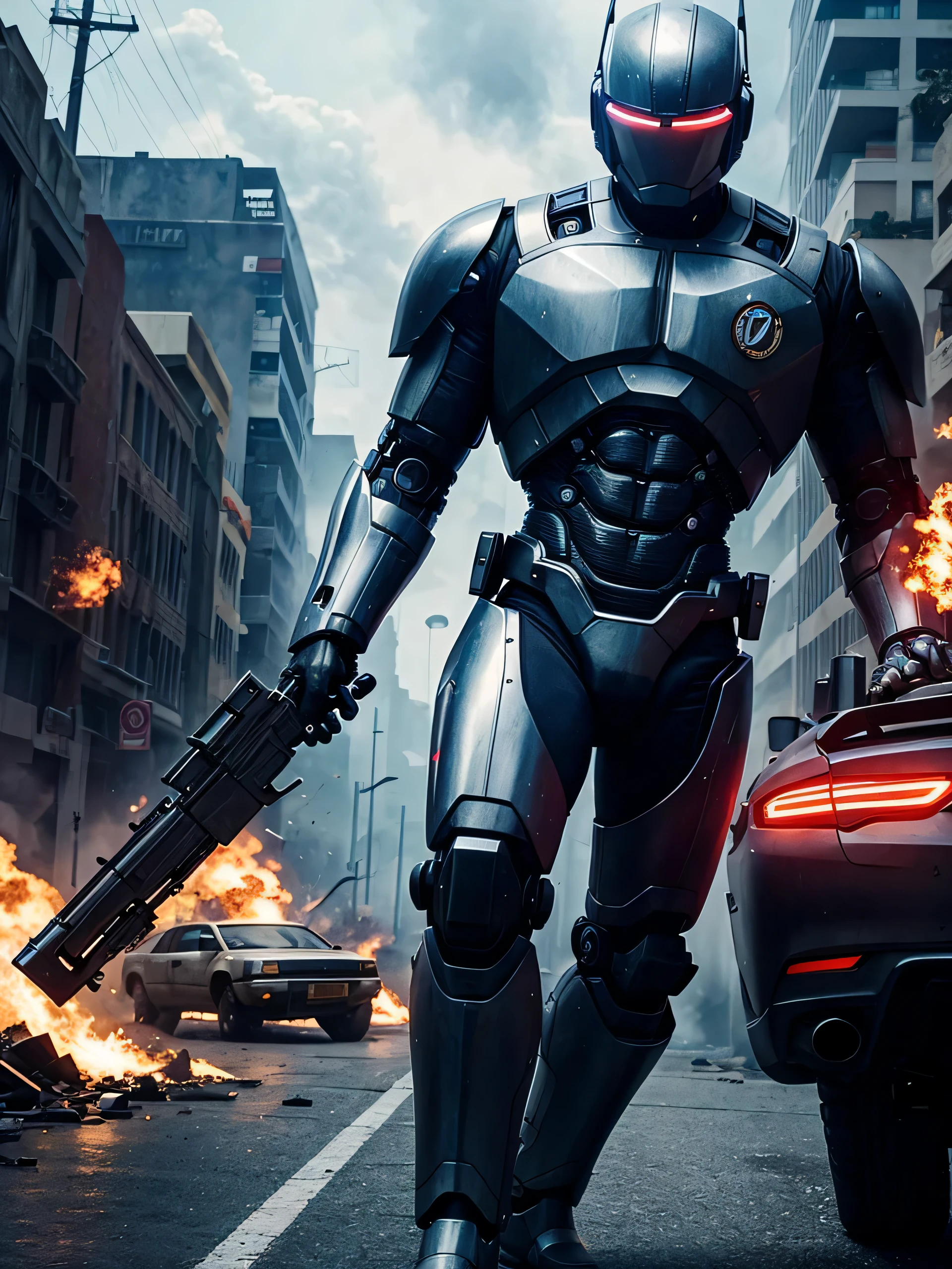cyborg robocop mechanic, com arma, Corpo todo, explosions behind, on the cinematic film poster