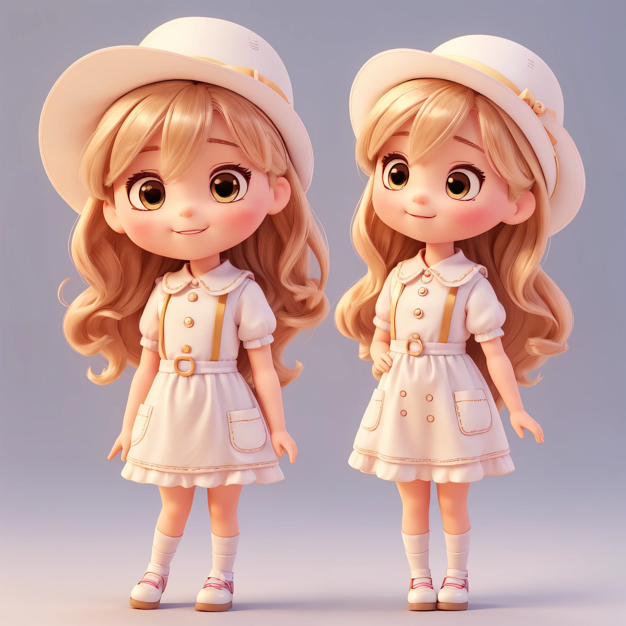 Create a collection of beautiful chibi-style female dolls, each with lots of detail and 8K resolution. All dolls must follow the same soft color background pattern, And complete in the picture, Pubic Area Showing (full body, including legs: 1.5) Cute mini dolls: Call her Marina. She must have short hair with a yellow-orange gradient. Her eyes should be large and expressive, long eyelashes and rosy cheeks. Delicate white smile. Sophie should wear a cute little dress, bib skirt and cute hat. scary. Make sure to add details to her clothes, with light colors and buttons and pockets, cute shoes, make sure to add shadow, texture and hair details, the clothes are, make them more cute and charming.