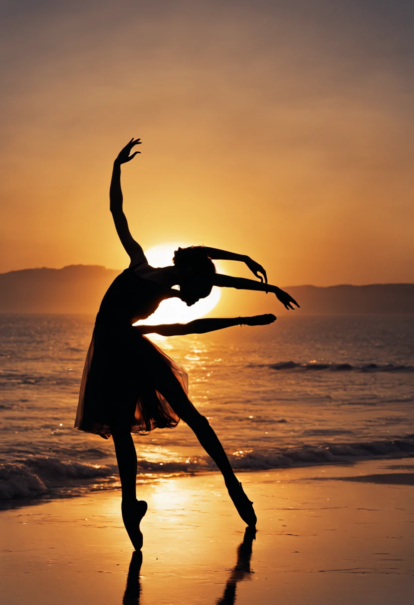 Photorealistic Images prompt structure: A detailed silhouette of a ballerina in mid-twirl, captured against the backdrop of a (((sunset))) over the ocean, Type of Image: silhouette photography, Art Inspirations: high-fashion photography, Camera: short telephoto lens, Shot: medium shot, Render Related Information: the silhouette should be highly detailed with a focus on the gracefulness of the pose, ambient light should be used to create a soft outline around the silhouette, resolution should be 8K to capture the subtleties of the scene.