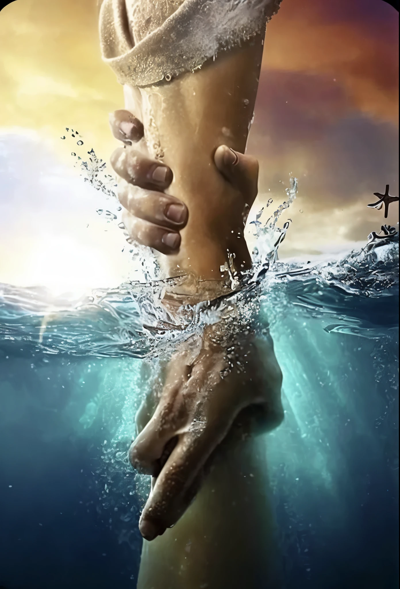 a close up of a person holding a hand in the water, ! holding in his hand !, emotional picture, drowning, sinking, beautiful image ever created, submerged in water, drowned, take my hand, submerged dramatic, beautiful depiction, people drowning, salvation, reaching out to each other, submerged to waste, holding a 🛡 and an 🪓, thought provoking
