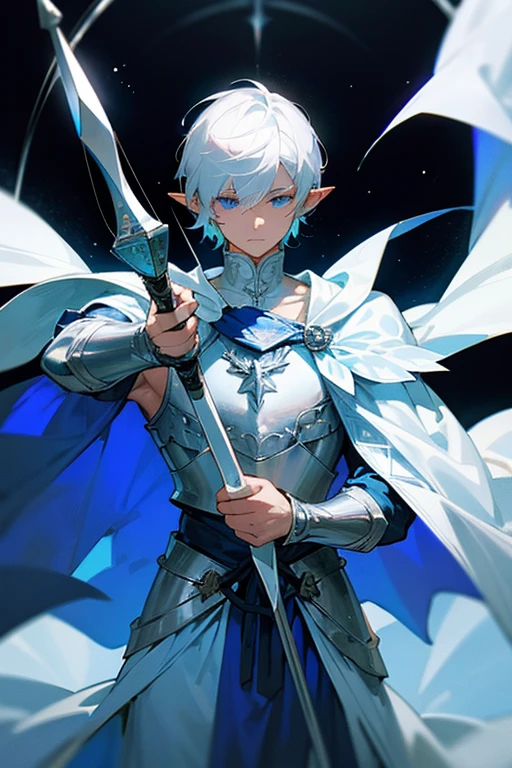 ultra-detailed, pointy ears, white hair, blue eyes, short hair, wears silver armor on his chest, on his sleeves he wears a white fabric up to his hands, he wears silver bracelets on both hands, he wears a blue cape with silver decorations on his back, the cape covers the armor on the shoulders, holding a white-colored bow and arrow in his hands, the cloth Is the moon, a face, ethereal lighting, mystical atmosphere, vibrant colors