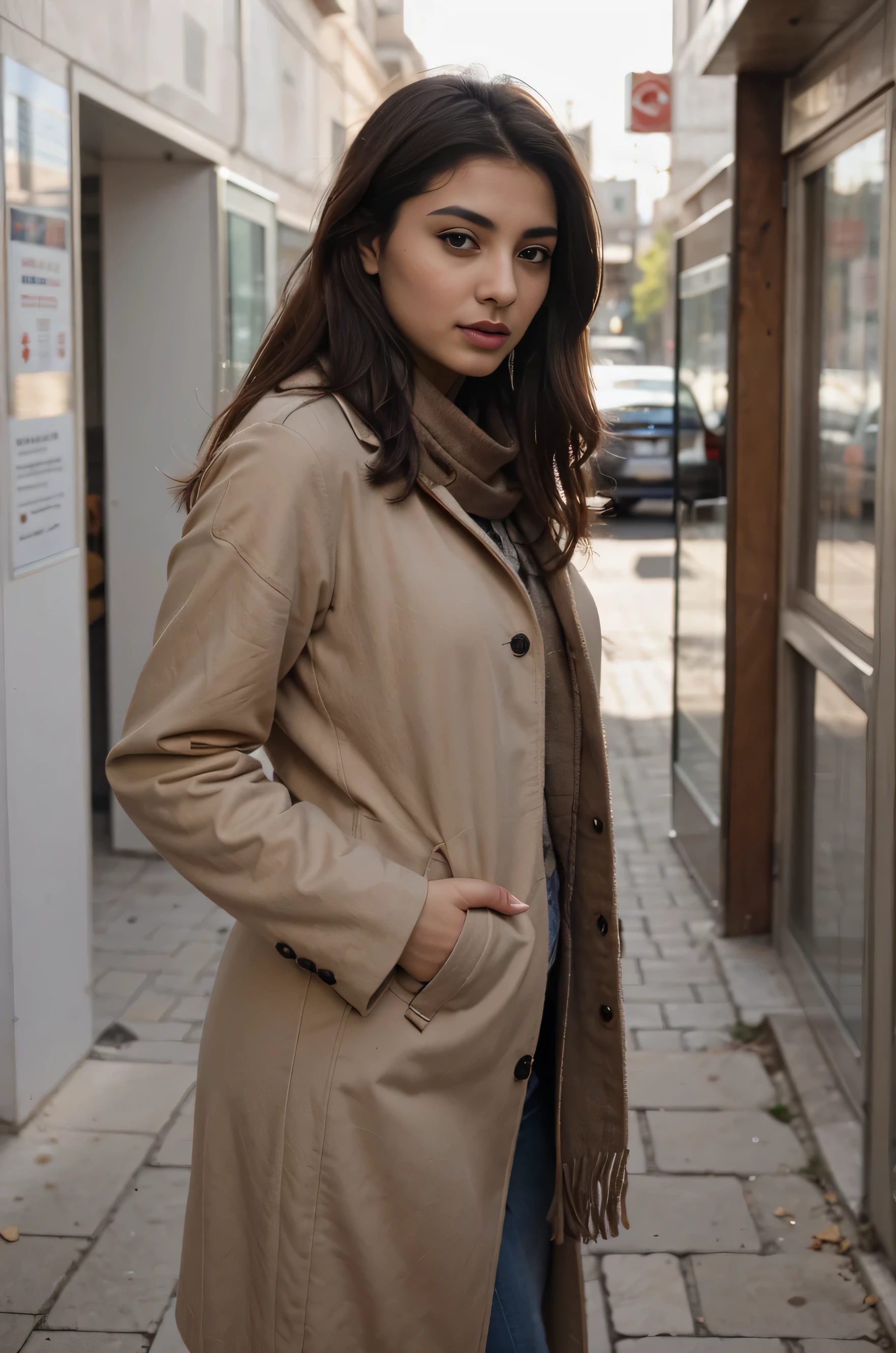 the young beautiful persian woman namwd (((Roshan))), wearing scarf, looking at camera, at iran tehran, standing,ultra realasti, green eye,light brown hair, wearing coat,