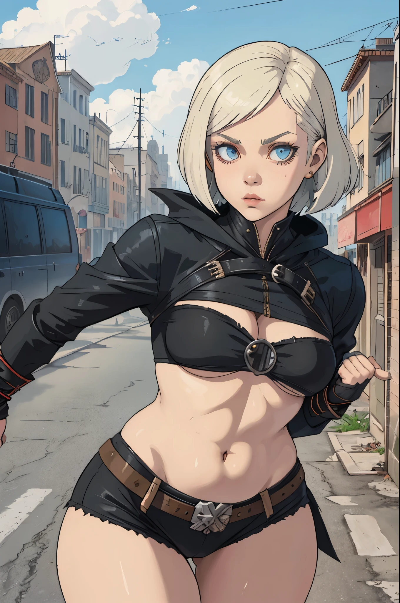 1 beautiful female, heavy metal ,   bobcut
fututristic, city street
enki bilal
realistic,