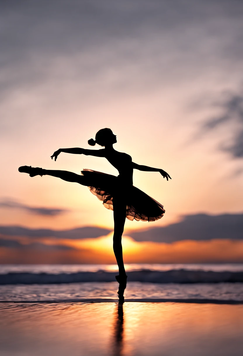 Photorealistic Images prompt structure: A detailed silhouette of a ballerina in mid-twirl, captured against the backdrop of a (((sunset))) over the ocean, Type of Image: silhouette photography, Art Inspirations: high-fashion photography, Camera: short telephoto lens, Shot: medium shot, Render Related Information: the silhouette should be highly detailed with a focus on the gracefulness of the pose, ambient light should be used to create a soft outline around the silhouette, resolution should be 8K to capture the subtleties of the scene.