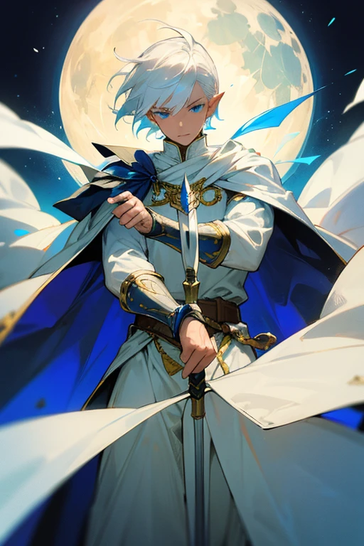 ultra-detailed, pointed ears, white hair, blue eyes, short hair, wears silver armor on his chest, on his sleeves he wears a white fabric up to his hands, wears silver bracelets on both hands, wears a blue cape with gold adornments on his back, the cape covers the armor on the shoulders, holding a white-colored bow and arrow in his hands, the cloth Is the moon, a face, ethereal lighting, mystical atmosphere, vibrant colors