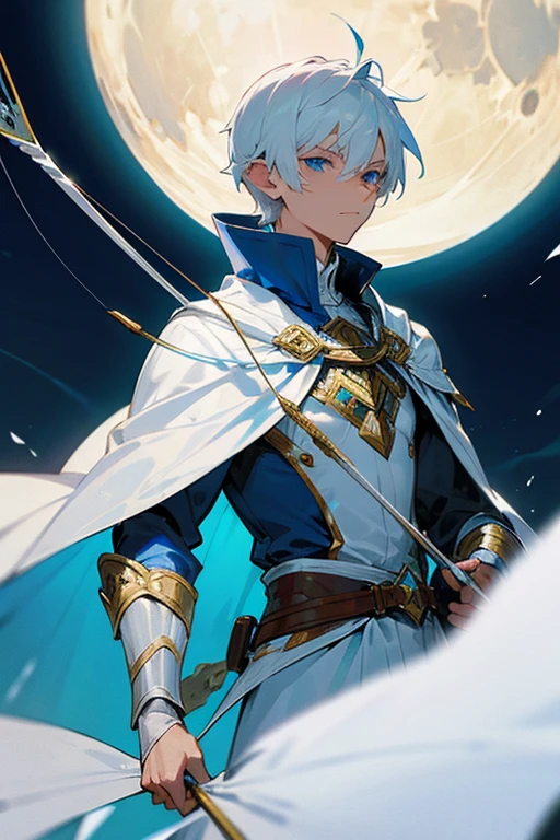 ultra-detailed, pointed ears, white hair, blue eyes, short hair, wears silver armor on his chest, on his sleeves he wears a white fabric up to his hands, wears silver bracelets on both hands, wears a blue cape with gold adornments on his back, the cape covers the armor on the shoulders, holding a white-colored bow and arrow in his hands, the cloth Is the moon, a face, ethereal lighting, mystical atmosphere, vibrant colors