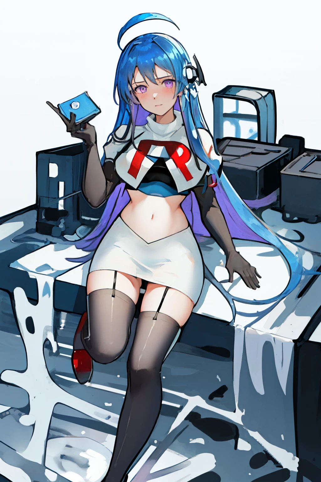 best quality, masterpiece, highres, solo, {helena_azurlane:1.15}, blue_hair, long_hair, ahoge, purple_eyes, breasts, blush, bangs, hair_ornament, medium_breasts, hair_between_eyes, 1girl, looking_at_viewer, large_breasts, team rocket,team rocket uniform,white skirt,red letter R,crop top,black thigh-highs,black elbow gloves