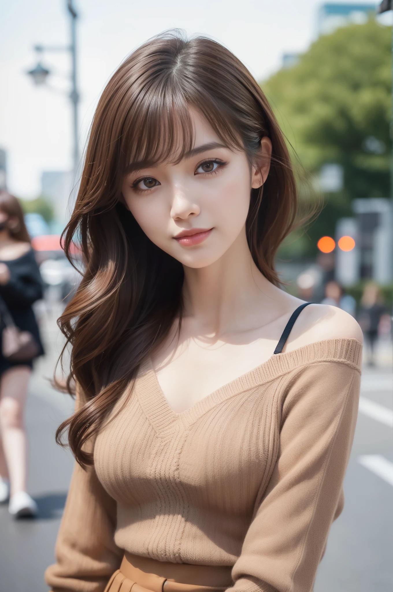 (8k raw photo, best quality), ((muste piece)), ultra high resolution,, film,( 20-year-old, slender face, 1 girl, long eyelashes, Eye Highlights), natural skin texture, perfectly proportioned face, Realistic eye and face details, Lipstick, (slutty makeup),((Long sleeve knit)), red eyeshadow, Perm Hair, fluffy short hair, messy hair, shy smile, close your mouth, beautiful legs, tall woman, thin, Slim legs, solo, (Street style, detailed background), huge breasts, blurry background, blurry, brown hair, bangs, parted lips, Depth of the bounds written