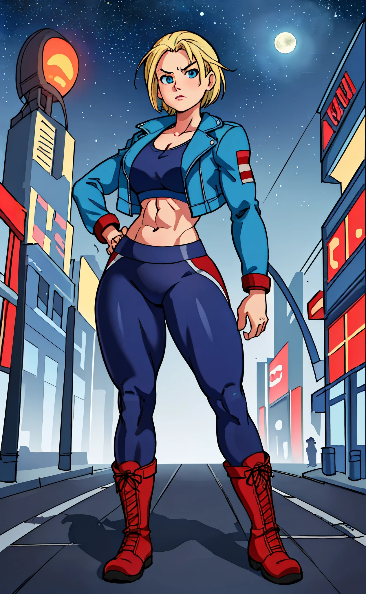 [Cammy], ((Masterpiece)), ((High res)), ((HD)), ((solo portrait)), ((full body)), ((front view)), ((feet visible)), ((anime)), ((beautiful render art)), ((detailed shading)), ((intricate details)), {(beautiful woman), (cute blue eyes), (short blonde hair), (cut on left cheek), (defined muscles), (curvy hips), (beautiful legs), (angry expression), (puckered lips)}, {(sports bra), (navel), (yoga pants), (short leather light blue jacket), (red horizontal stripes on sleeves), (red combat boots)}, {(standing), (hand on hip), (looking at viewer)}, [Background; (England city), (cars), (lamp posts), (starry sky), (full moon), ambient lighting)]