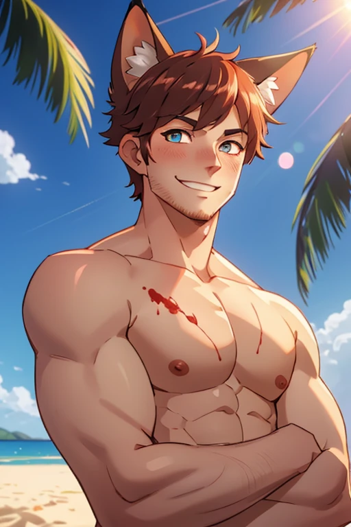 handsome man on the beach, blood, gradient eyes, heterochromia, fox ears, fingersmile, smiley, seductive smile, yandere, bloom, cinematic lighting, bokeh, lens flare, anime style