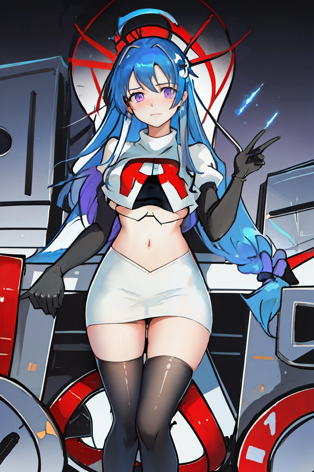 best quality, masterpiece, highres, solo, {helena_azurlane:1.15}, blue_hair, long_hair, ahoge, purple_eyes, breasts, blush, bangs, hair_ornament, medium_breasts, hair_between_eyes, 1girl, looking_at_viewer, large_breasts, team rocket,team rocket uniform,white skirt,red letter R,crop top,black thigh-highs,black elbow gloves