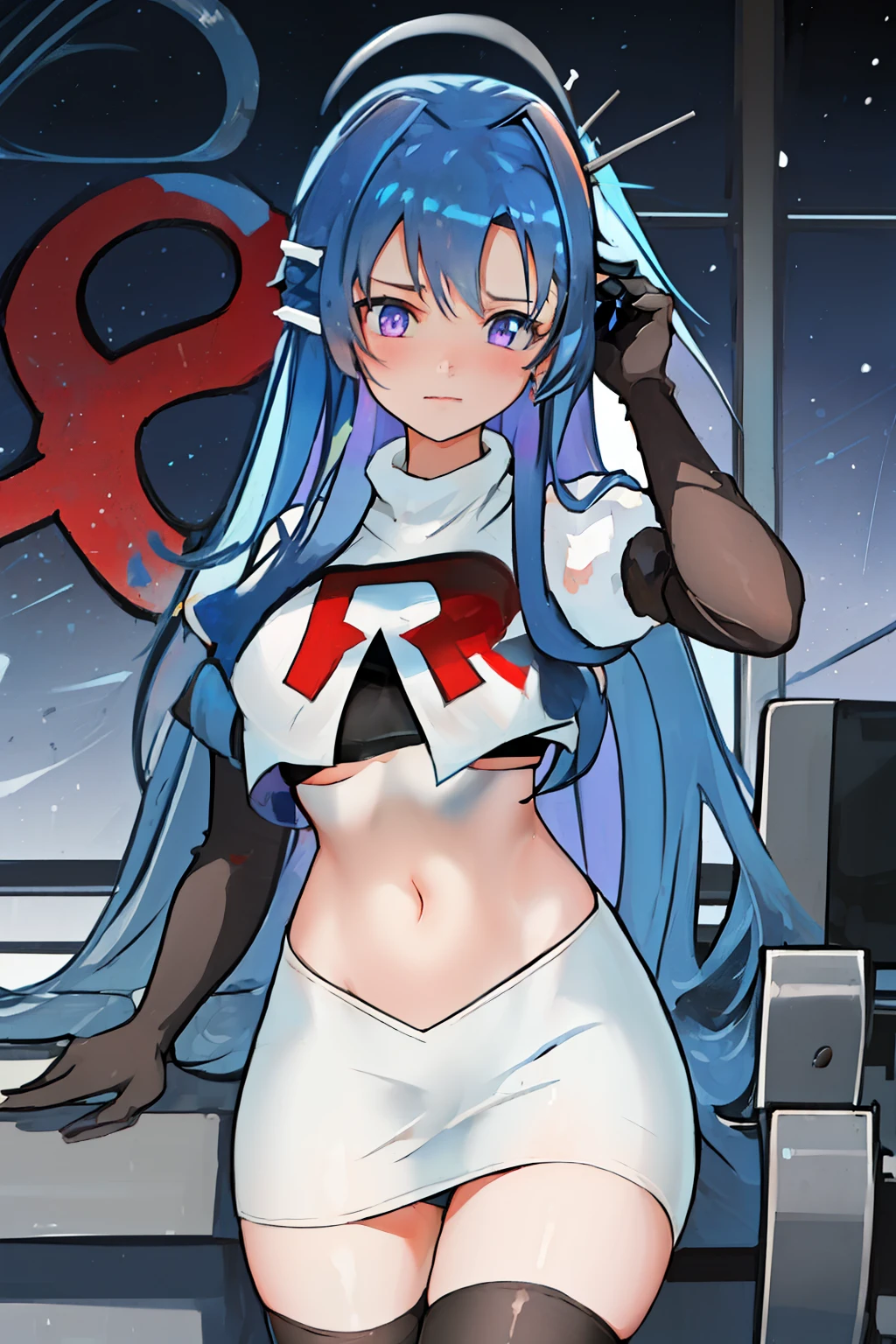 best quality, masterpiece, highres, solo, {helena_azurlane:1.15}, blue_hair, long_hair, ahoge, purple_eyes, breasts, blush, bangs, hair_ornament, medium_breasts, hair_between_eyes, 1girl, looking_at_viewer, large_breasts, team rocket,team rocket uniform,white skirt,red letter R,crop top,black thigh-highs,black elbow gloves