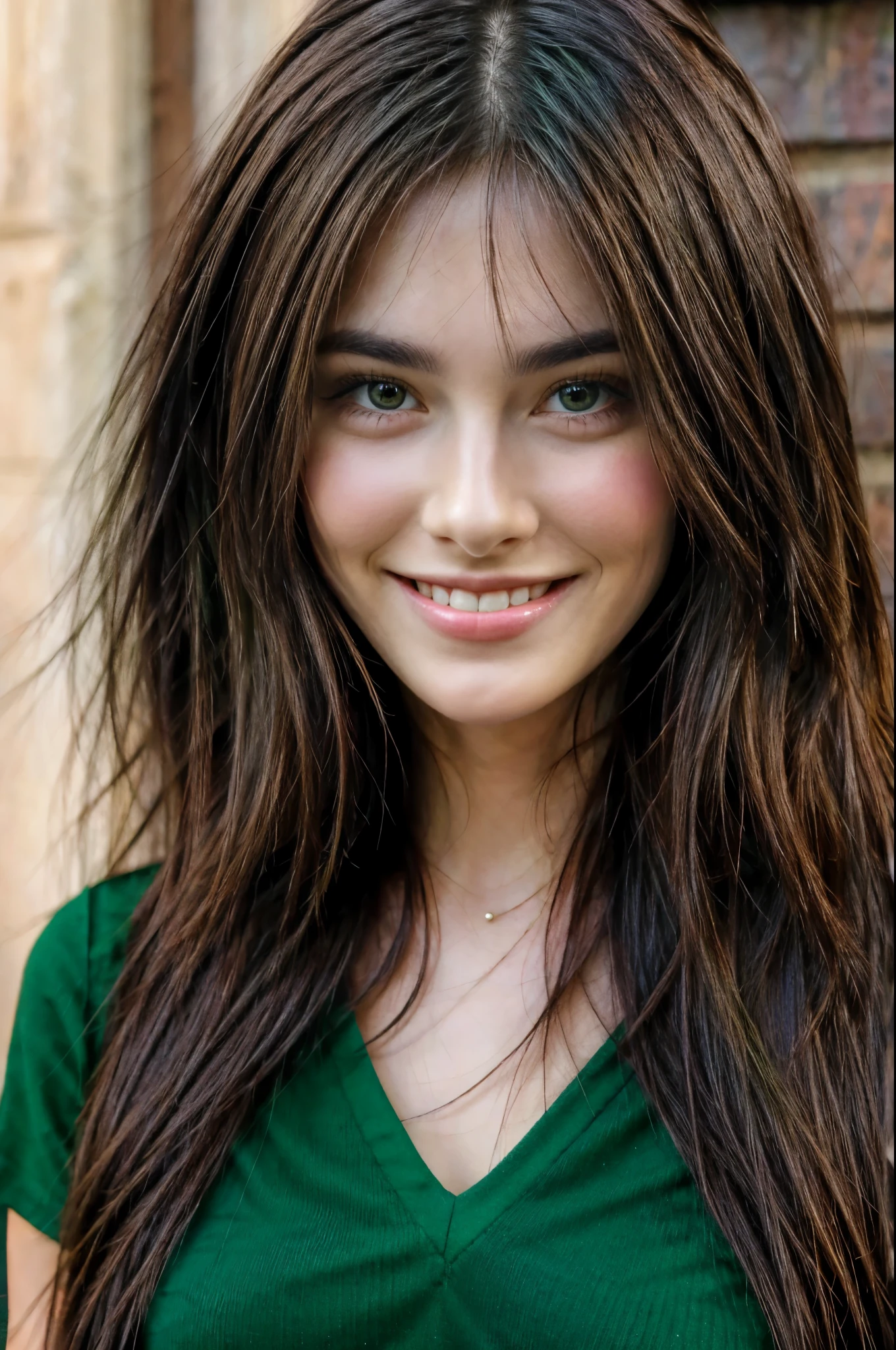 Beautiful brunette smiling, green eyes, long hair, front face