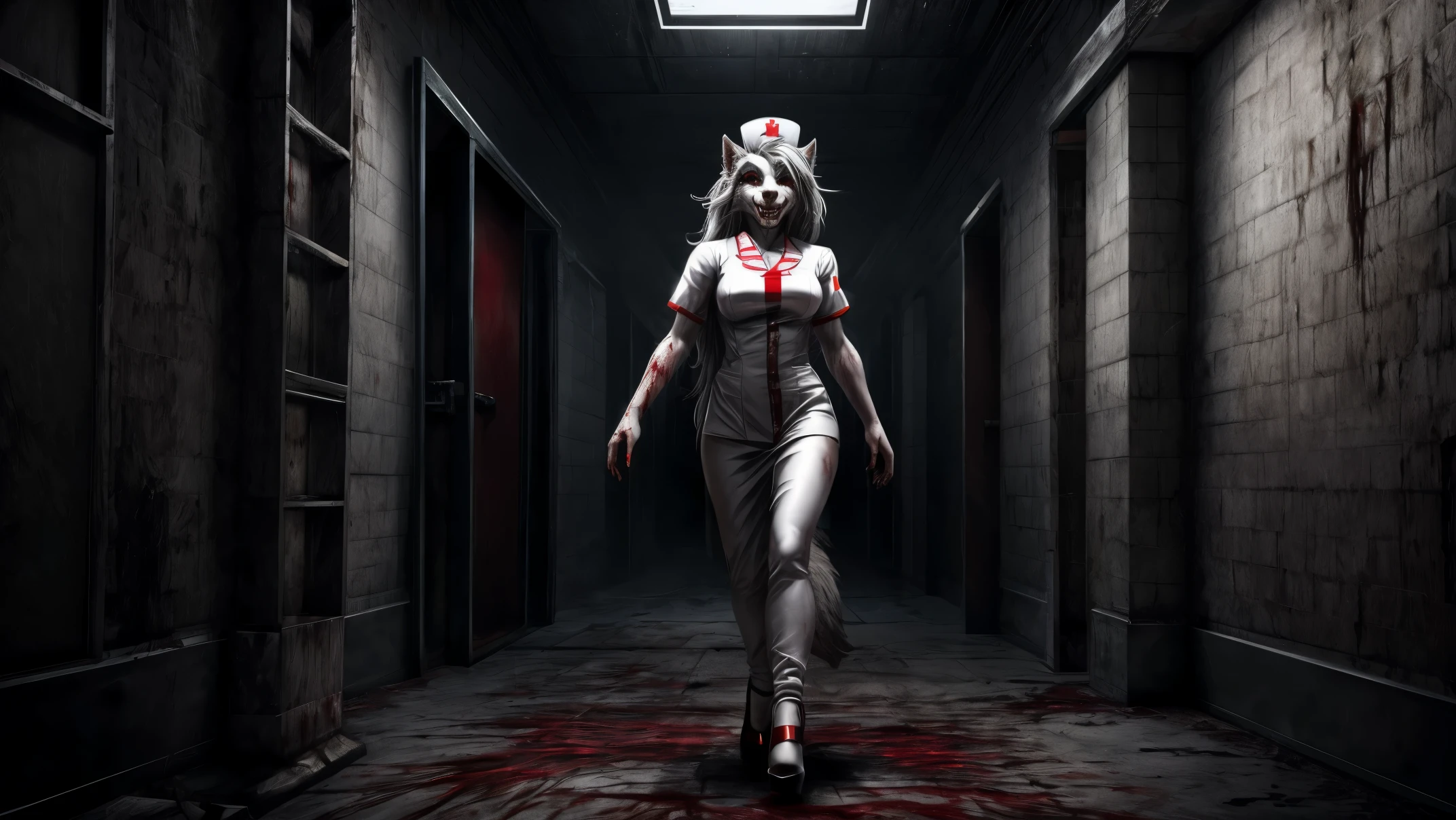 Loona, wearing white leather nurse outfit, high white leather heels, nurse hat, red eyes, scary, horror, bloody, much blood, horror, anthro, wolf, female, normal eyes, wavy messy white long hair, looking at viewer, evil, grin, visible fangs, walking, mental asylum, dark, beautiful, extremely detailed, high quality, 4K, 8K, HDR, RAW