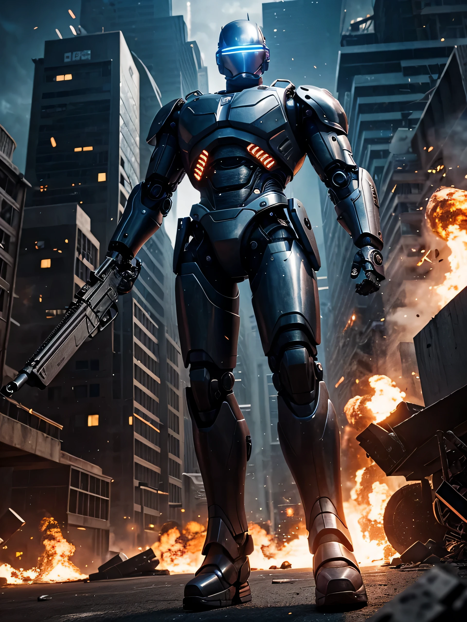 cyborg robocop mechanic, com arma, Corpo todo, explosions behind, on the cinematic film poster