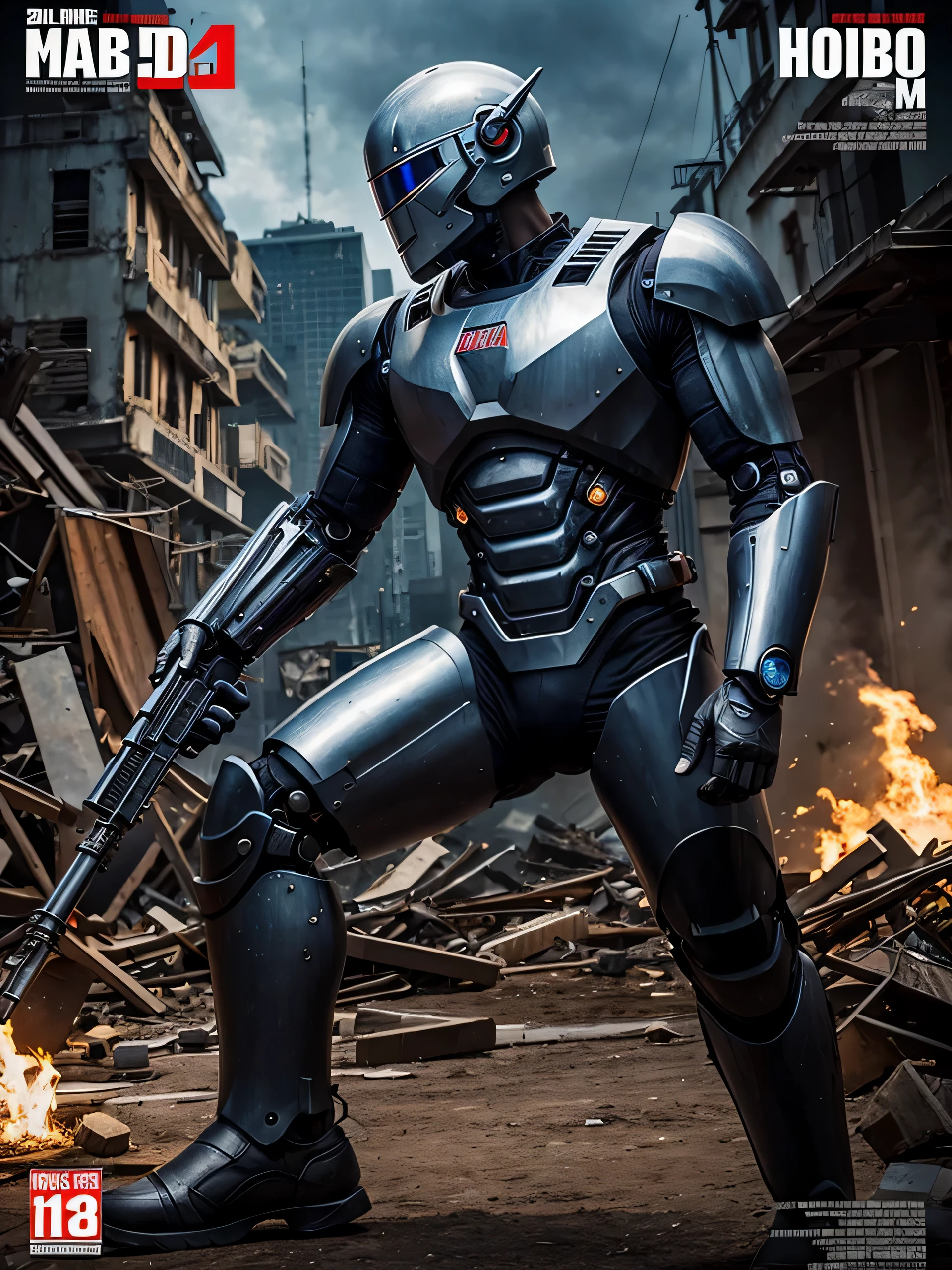 capacete completo, cyborg robocop mechanic, com arma, Corpo todo, em ruinas, on the film poster
