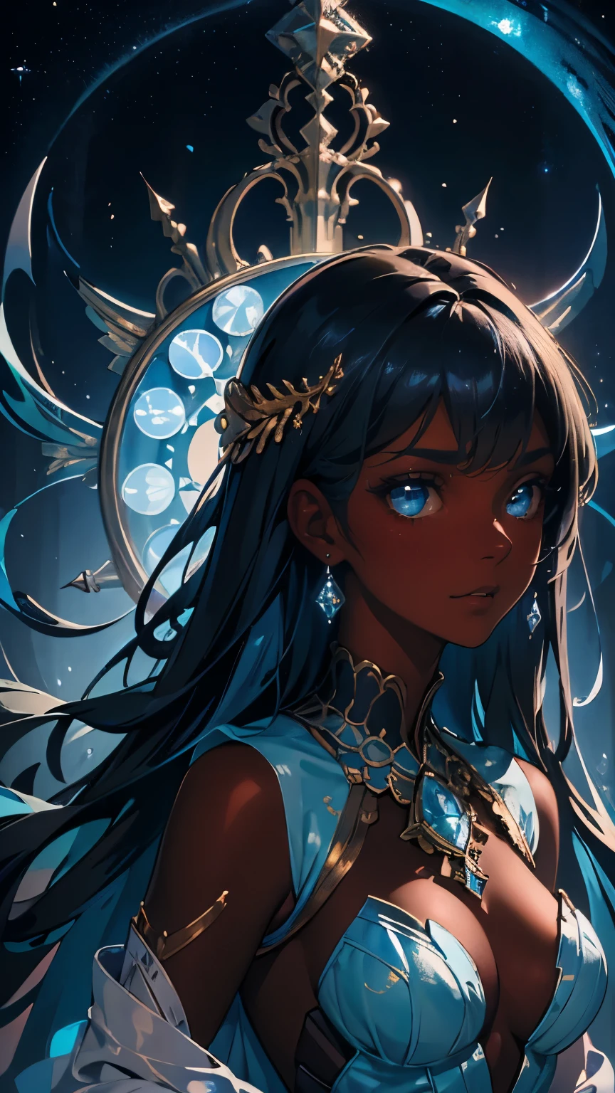 Pino Daeni, (1golden holographic clock), ((beautiful black Ethiopian woman )) clear defined facial features, soft black hair, electric color, stunning brown eyes, attractive hourglass figure, fitted blue sheer wrap dress, celestial, astrotraveler, painted illustrations, flare, sparkling stars in a blue galaxy, twilight, ornate masterpiece, Korean comic realism, cinematic, crystallography by Friedrich Haag, medium camera shot, high angle, tessellation by Maurits Cornelis Escher, zodiak, intricate details, depth of field, by Kay Nielsen, Diane Dillon, Julie de Graag, vibrant night sky colors, natural light, 16K, best quality