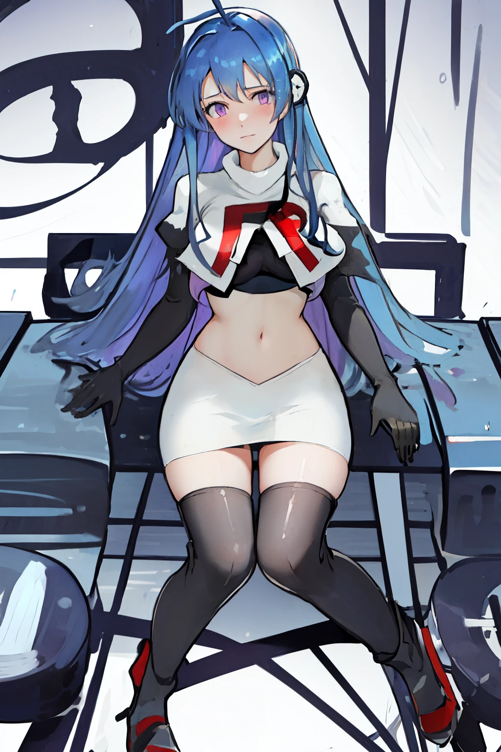 best quality, masterpiece, highres, solo, {helena_azurlane:1.15}, blue_hair, long_hair, ahoge, purple_eyes, breasts, blush, bangs, hair_ornament, medium_breasts, hair_between_eyes, 1girl, looking_at_viewer, large_breasts, team rocket,team rocket uniform,white skirt,red letter R,crop top,black thigh-highs,black elbow gloves