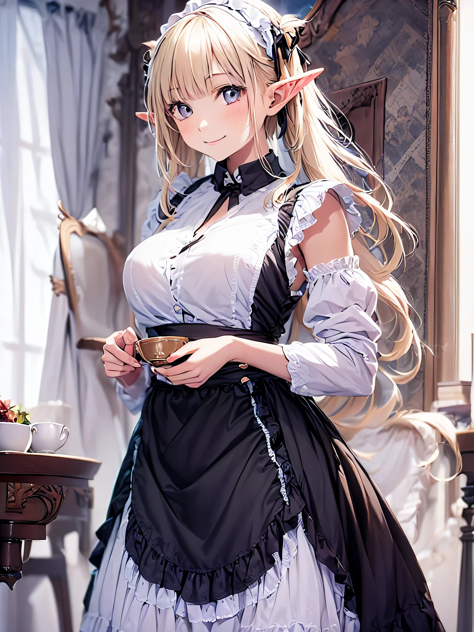 elf girl solo, smiling gentry,  silver blonde twintail hair, black long maid dress, She is drinking tea in an antique teacup