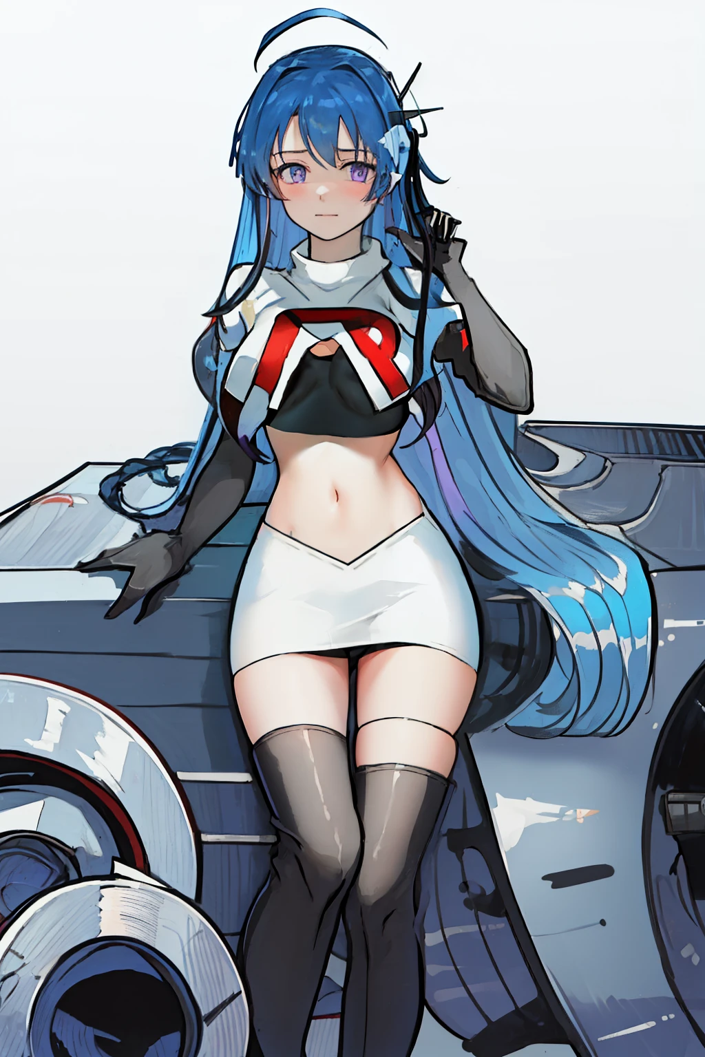 best quality, masterpiece, highres, solo, {helena_azurlane:1.15}, blue_hair, long_hair, ahoge, purple_eyes, breasts, blush, bangs, hair_ornament, medium_breasts, hair_between_eyes, 1girl, looking_at_viewer, large_breasts, team rocket,team rocket uniform,white skirt,red letter R,crop top,black thigh-highs,black elbow gloves