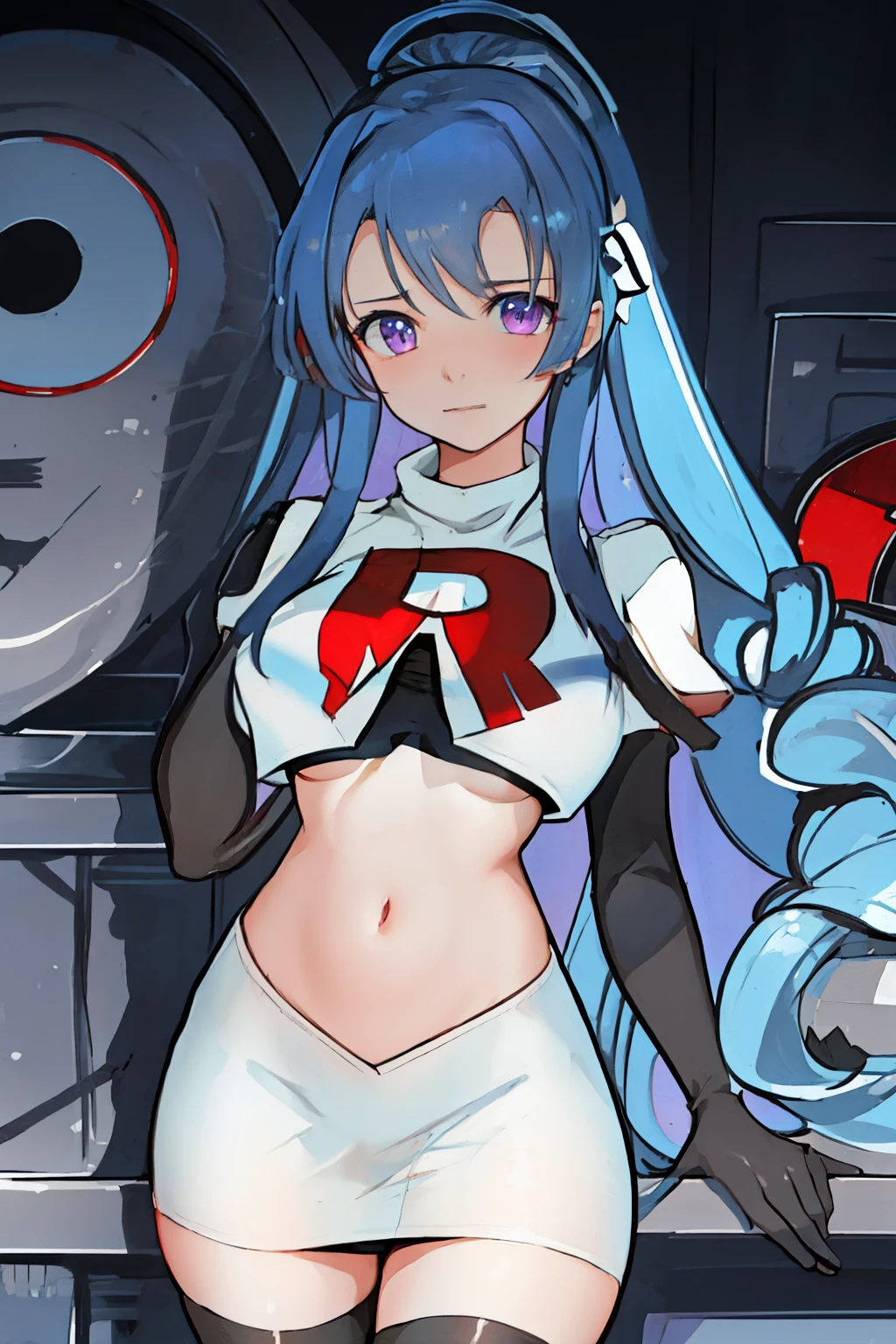 best quality, masterpiece, highres, solo, {helena_azurlane:1.15}, blue_hair, long_hair, ahoge, purple_eyes, breasts, blush, bangs, hair_ornament, medium_breasts, hair_between_eyes, 1girl, looking_at_viewer, large_breasts, team rocket,team rocket uniform,white skirt,red letter R,crop top,black thigh-highs,black elbow gloves