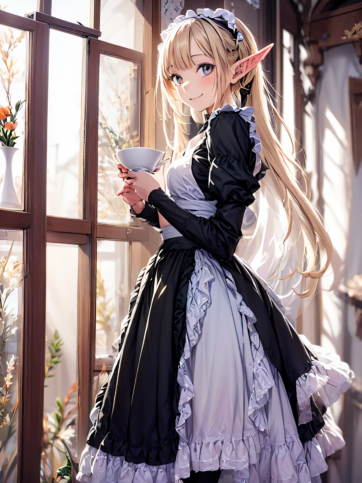elf girl solo, smiling gentry,  silver blonde twintail hair, black long maid dress, She is drinking tea in an antique teacup