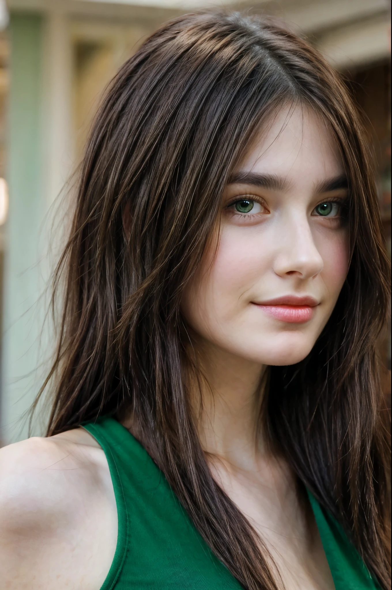 Beautiful brunette, smirk, green eyes, long hair, front face