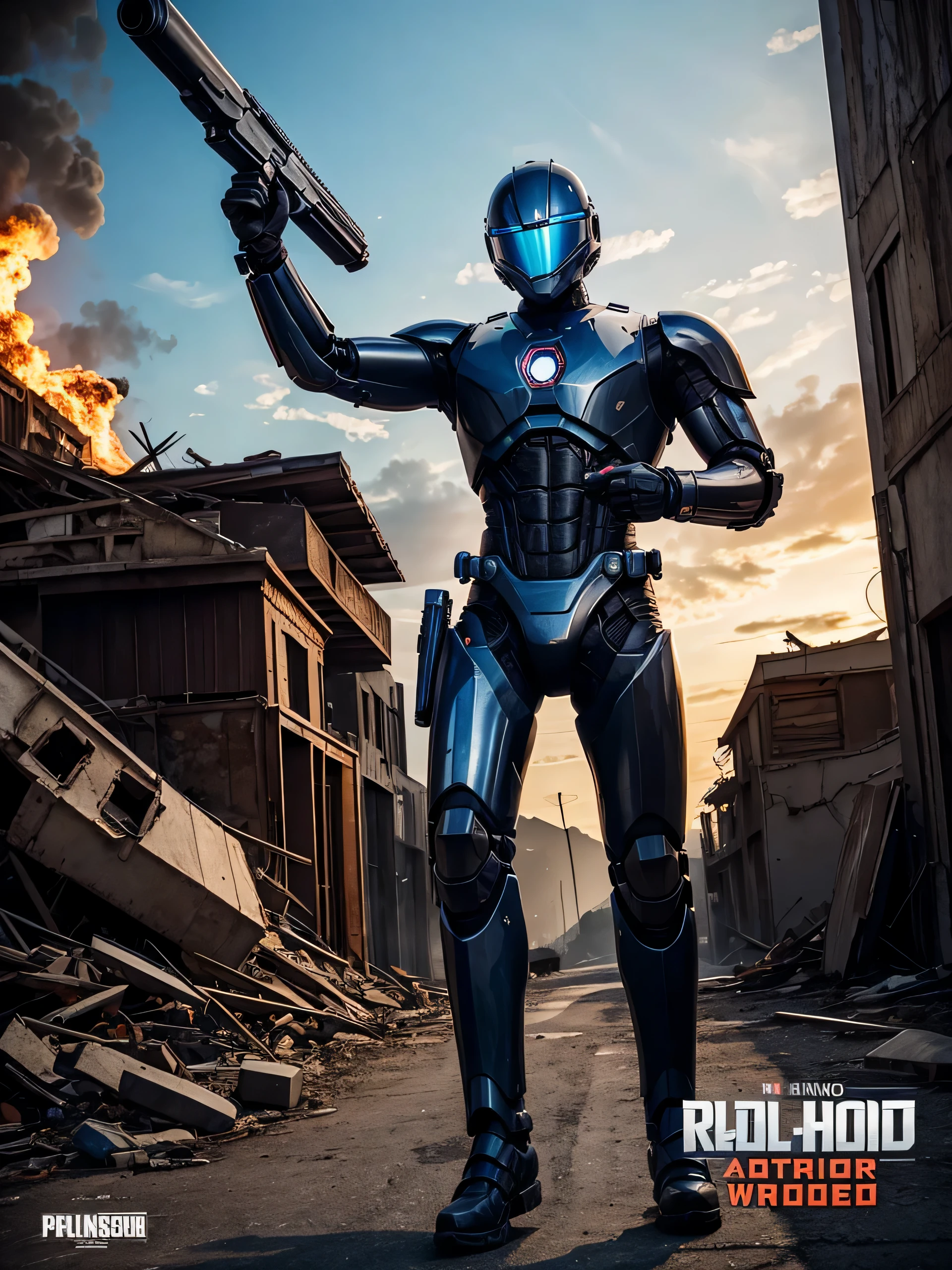 capacete completo, cyborg robocop mechanic, com arma, Corpo todo, em ruinas, on the film poster. andando