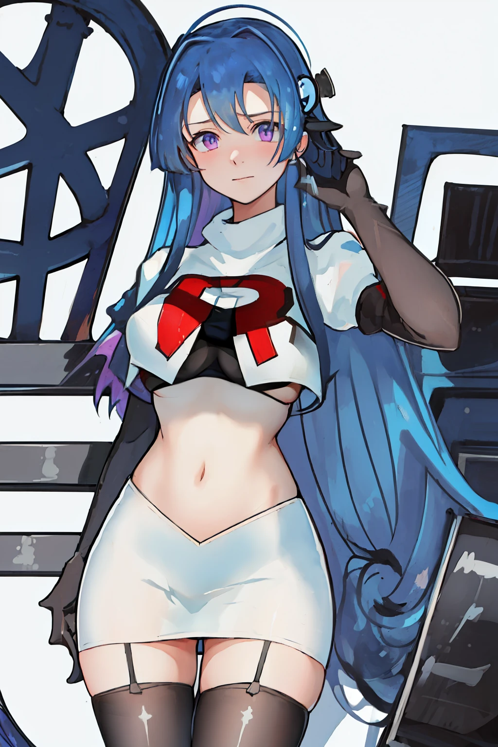 best quality, masterpiece, highres, solo, {helena_azurlane:1.15}, blue_hair, long_hair, ahoge, purple_eyes, breasts, blush, bangs, hair_ornament, medium_breasts, hair_between_eyes, 1girl, looking_at_viewer, large_breasts, team rocket,team rocket uniform,white skirt,red letter R,crop top,black thigh-highs,black elbow gloves