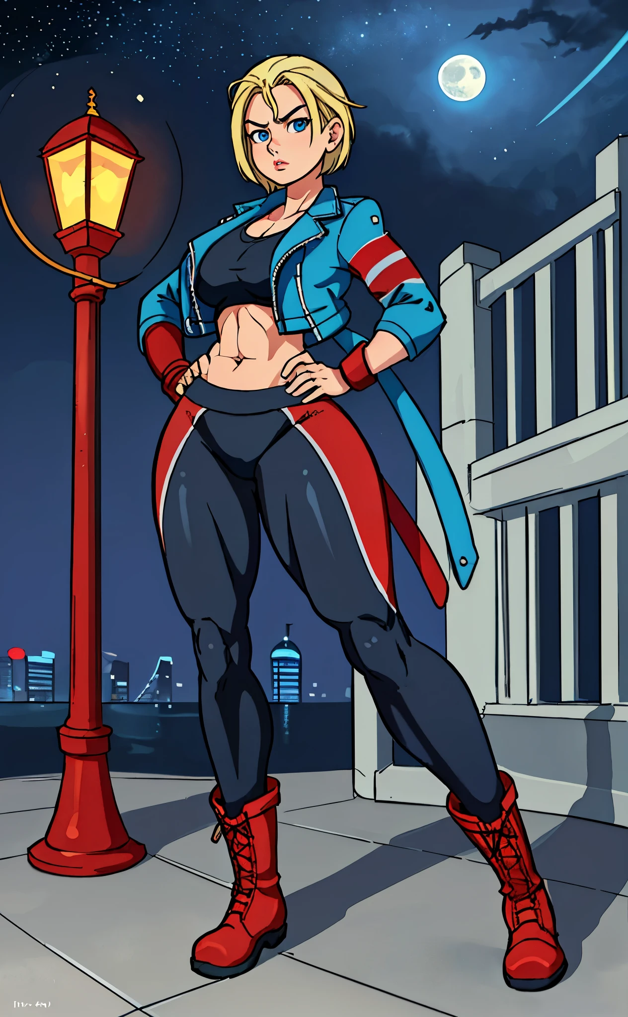 [Cammy], ((Masterpiece)), ((High res)), ((HD)), ((solo portrait)), ((full body)), ((front view)), ((feet visible)), ((anime)), ((beautiful render art)), ((detailed shading)), ((intricate details)), {(beautiful woman), (cute blue eyes), (short blonde hair), (cut on face), (defined muscles), (curvy hips), (beautiful legs), (beautiful lips), (angry expression), (puckered lips)}, {(sports bra), (navel), (yoga pants), (short leather light blue jacket), (red horizontal stripes on sleeves), (red combat boots)}, {(standing), (hand on hip), (looking at viewer)}, [Background; (England city), (cars), (lamp posts), (starry sky), (full moon), ambient lighting)]