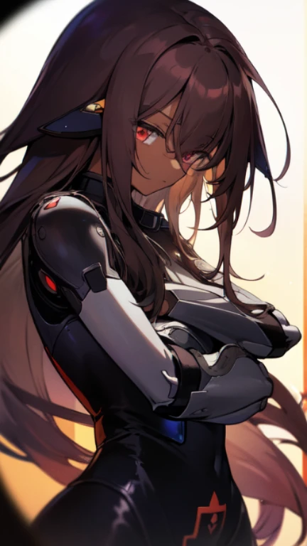 (Mecha musume),Masterpiece, Top quality, high resolution, highres, 8k, best quality, child, 1 male, shota, cute, innocent, ((dark skin)),  otokonoko, red eye's, dark brown hair very long hair in a side-swept style smooth, wearing an a black exosuiy bodysuit, black gaunlets, long black sci-fi coat covering the body, Black sci-fi armguards,badass black clothing, cute artstyle, stand still, close up, (deus ex machina armour) (no game no life)