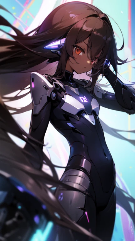 (Mecha musume),Masterpiece, Top quality, high resolution, highres, 8k, best quality, child, 1 male, shota, cute, innocent, ((dark skin)),  otokonoko, red eye's, dark brown hair very long hair in a side-swept style smooth, wearing an a black exosuiy bodysuit, black gaunlets, long black sci-fi coat covering the body, Black sci-fi armguards,badass black clothing, cute artstyle, stand still, close up, (deus ex machina armour) (no game no life)