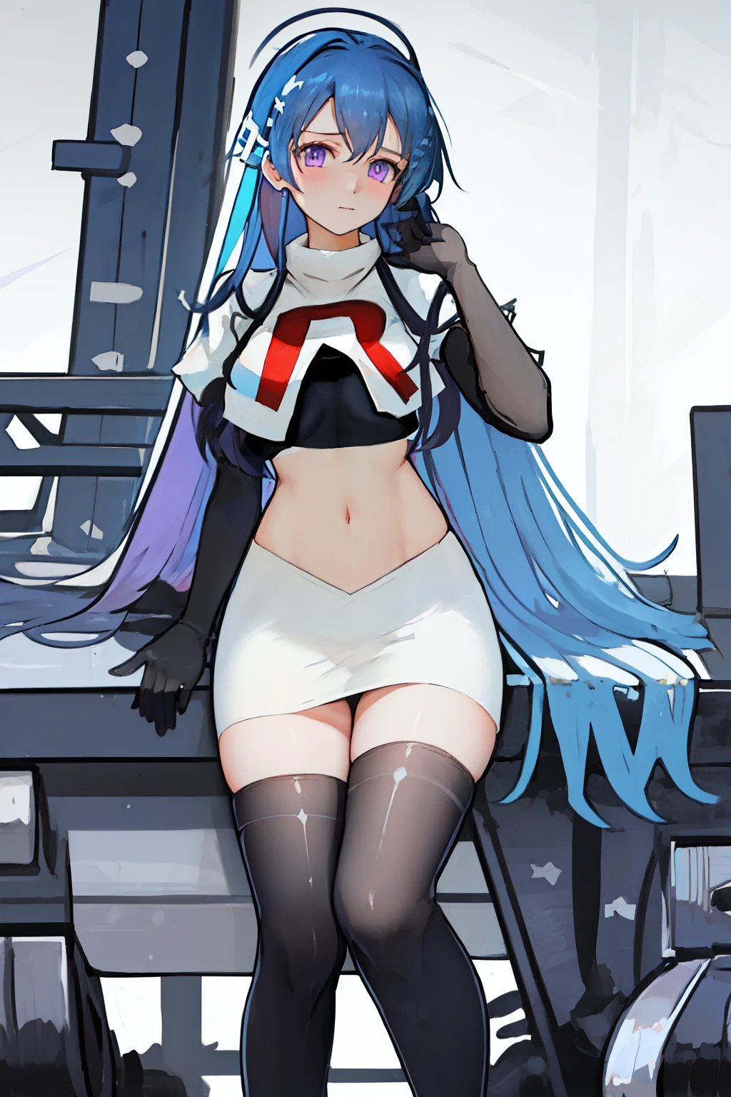 best quality, masterpiece, highres, solo, {helena_azurlane:1.15}, blue_hair, long_hair, ahoge, purple_eyes, breasts, blush, bangs, hair_ornament, medium_breasts, hair_between_eyes, 1girl, looking_at_viewer, large_breasts, team rocket,team rocket uniform,white skirt,red letter R,crop top,black thigh-highs,black elbow gloves