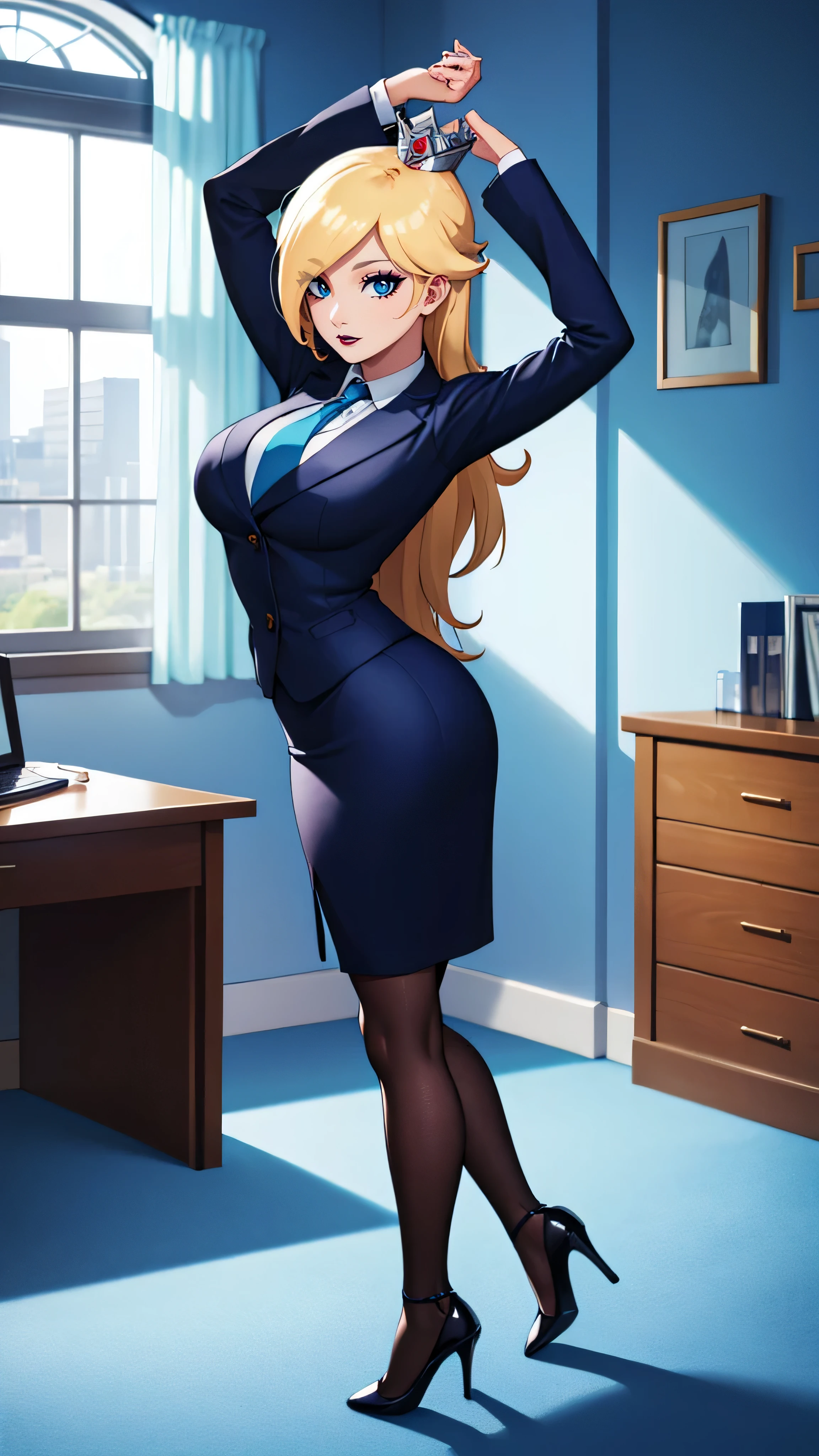 ((high detailed, best quality, 4k, masterpiece, hd:1.3)), BREAK night, window, moonlight, landscape, (in office), indoors, business office, office workers working in the office, many people are busy working, window, desk, chair, computer, ceiling light, Rosalina, BREAK neon blue eyes, seductive, attractive, sexy smile, smiling, smooth anime cg art, 36C breasts, (long fitness legs), vivid colors, detailed digital art, slim body, perfect skin, blonde hair, long hair, BREAK crown, BREAK looking at viewer, extremely detailed face, navy_blue necktie, blue jacket, black shirt, blue pencil skirt, full body, (blue high heels), earrings, gem, dark black makeup lips, dark gothic eyeshadows, dark eyeshadows, black eyeshadows, black sexy lips, black lips, (dark:1.2), dark lips, very dark lips, (perfect hands, perfect anatomy), black makeup, detailed fingers, five fingers per hand, 5 fingers, (1 girl), detailed lips, detailed black lips, black painted lips, gothic painted lips, (with your back turned:1.5, looking back pose), (looking back), (arms rised:1.3), (arms up:1.3),