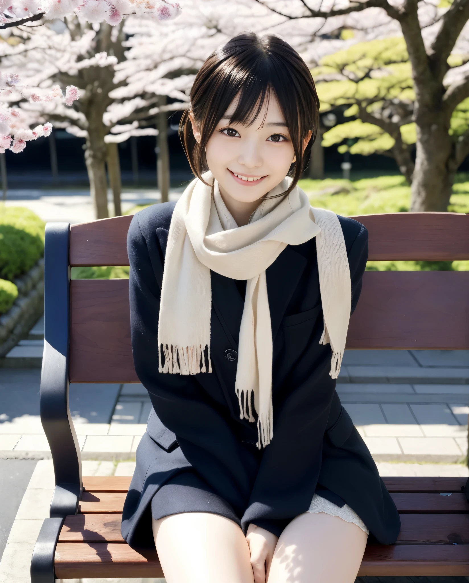 anatomically correct,Masterpiece of,High image quality,((Japan hair)),((natural smile)),((hair is blowing in the wind)),super detail、High quality textures、intricate details、detailed、非常detailedなCG、High quality shadows、Detail beautiful delicate face、Detail beautiful delicate eyes、Depth of the bounds written、Ray tracing,1 girl, japanese girl, cute type, slender,An arafi woman wearing a scarf and sitting on a park bench, coat、mini skirt、japanese girl, Japan Women Fashion Models, Beautiful young Japan woman, gorgeous young japanese woman, beautiful japanese woman, japanese girl, real life anime girl, Beautiful japanese girl, japanese model, 美しいjapanese girlの顔, young asian girl