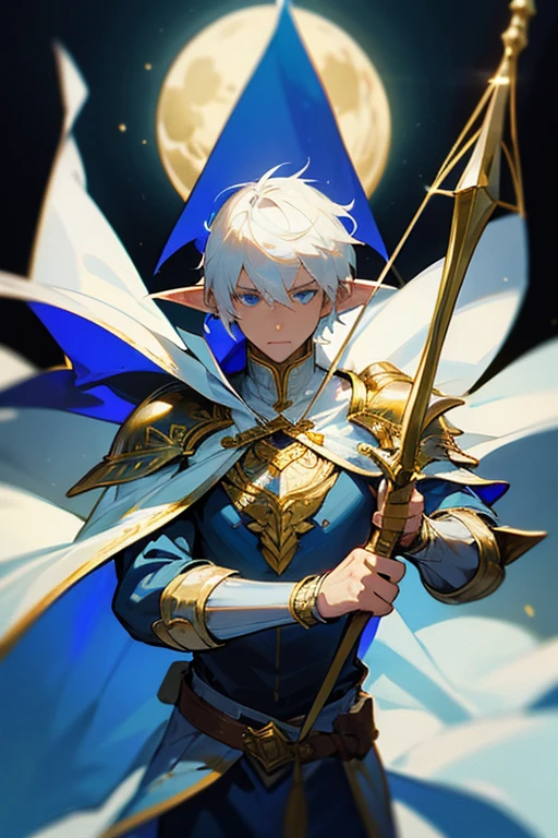 ultra-detailed, pointed ears, white hair, blue eyes, short hair, wears silver armor on his chest, on his sleeves he wears a white fabric up to his hands, wears silver bracelets on both hands, wears a blue cape with gold adornments on his back, the cape covers the armor on his shoulders, holding in his hands a white bow and arrow with gold ornaments, the cloth is the moon, a face, ethereal lighting, mystical atmosphere, vibrant colors