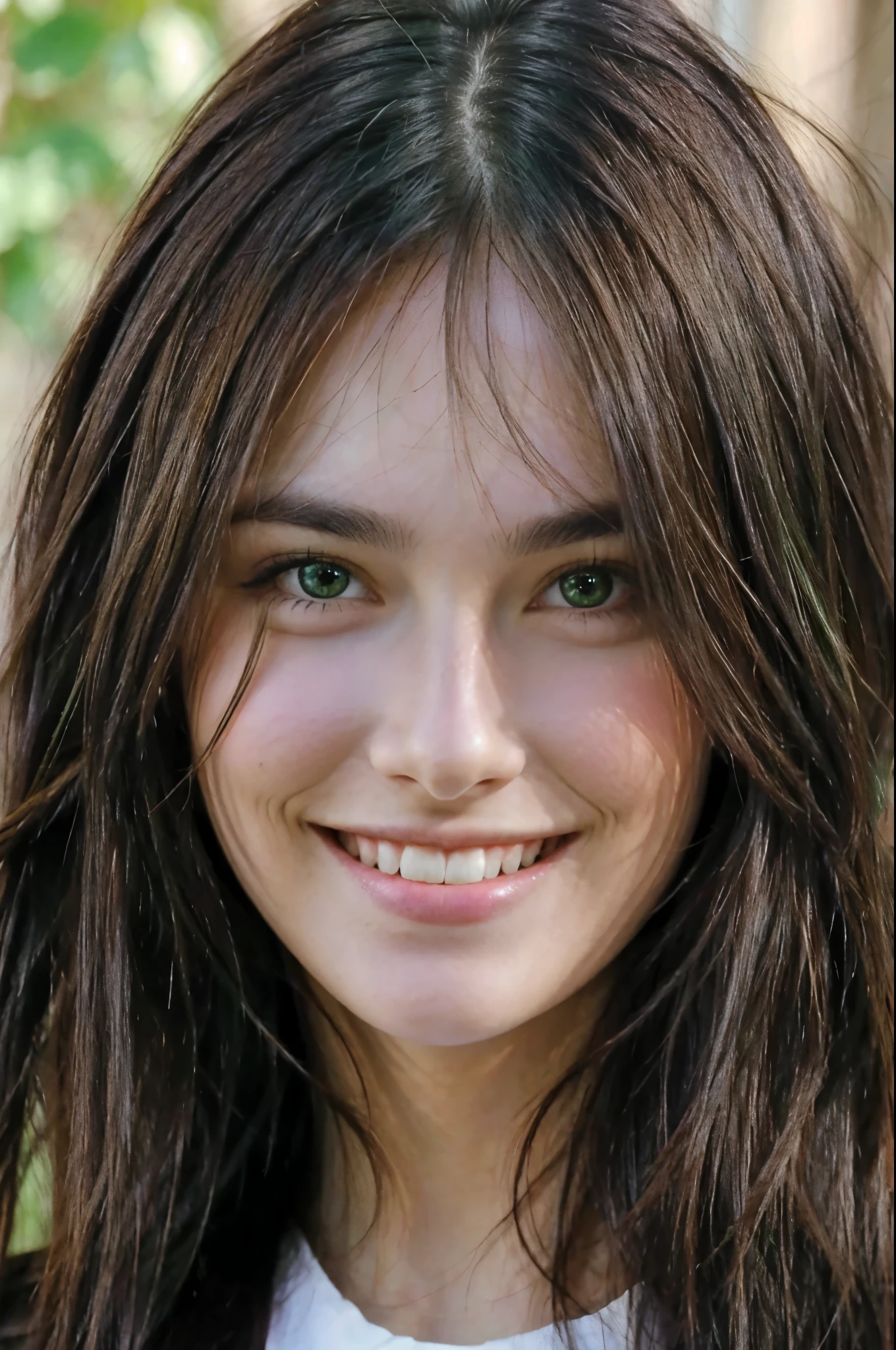 Beautiful brunette smiling, green eyes, long hair, front face