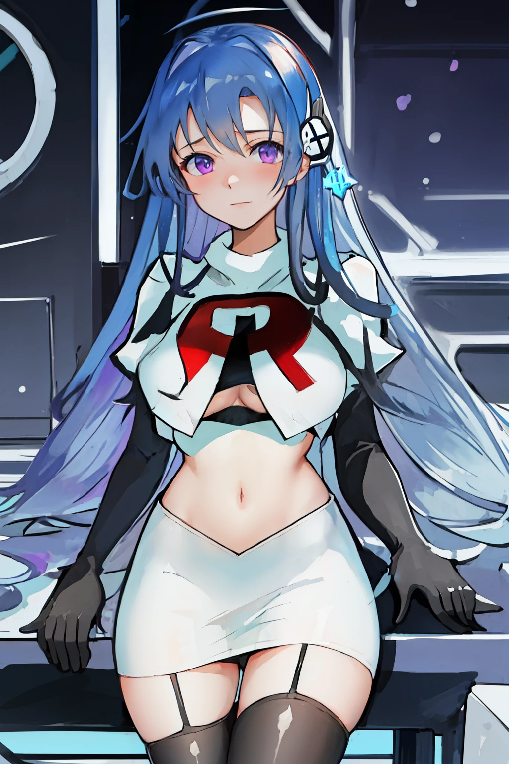 best quality, masterpiece, highres, solo, {helena_azurlane:1.15}, blue_hair, long_hair, ahoge, purple_eyes, breasts, blush, bangs, hair_ornament, medium_breasts, hair_between_eyes, 1girl, looking_at_viewer, large_breasts, team rocket,team rocket uniform,white skirt,red letter R,crop top,black thigh-highs,black elbow gloves