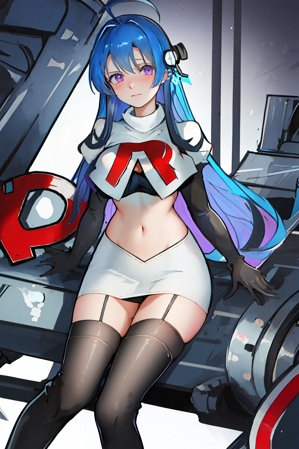 best quality, masterpiece, highres, solo, {helena_azurlane:1.15}, blue_hair, long_hair, ahoge, purple_eyes, breasts, blush, bangs, hair_ornament, medium_breasts, hair_between_eyes, 1girl, looking_at_viewer, large_breasts, team rocket,team rocket uniform,white skirt,red letter R,crop top,black thigh-highs,black elbow gloves